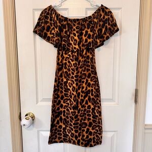 TMG Leopard Print Dress Off The Shoulder Ruffle Size Medium Knee Length